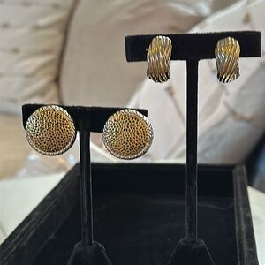 Clip earrings 2 pair both silver & gold tone one disk one half hoop vintage EUC